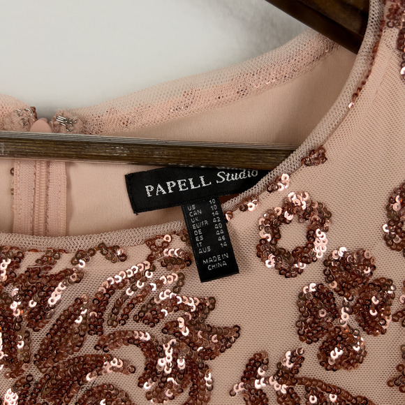 Adrianna Papell Sequin Short Dress Rose Gold Sparkle Floral Coquette Size 10 - Picture 5 of 6